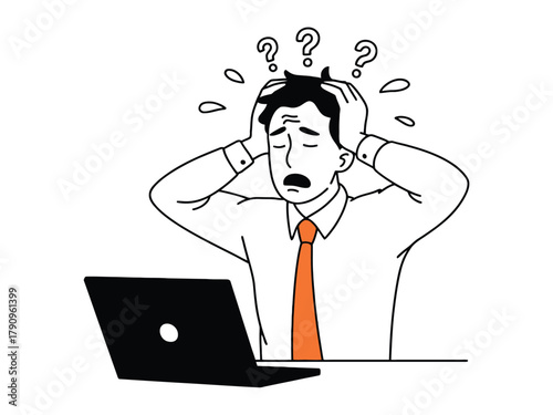 A businessman is stressed and confused while looking at a laptop screen.