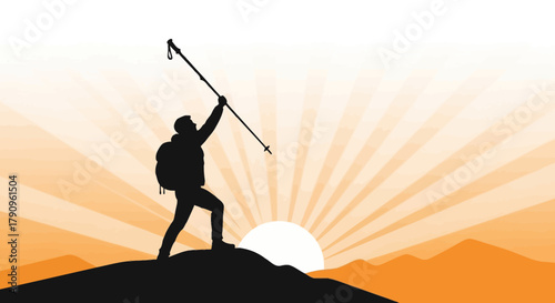 Silhouette Of Hiker Celebrating Success atop Hill in Sunrise Against the Background