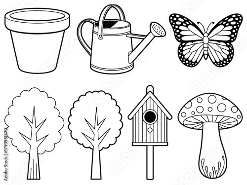 A collection of gardening and nature-related illustrations, including a pot, watering can, butterfly, trees, birdhouse, and mushroom.