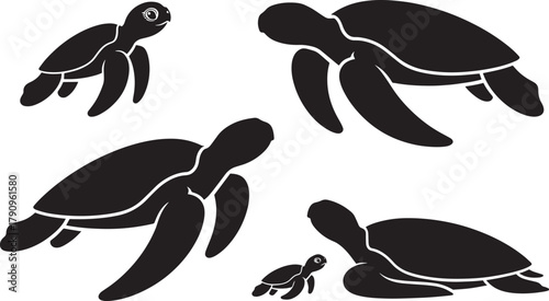 Aquatic black silhouette sea turtles swimming or floating including baby juvenile marine creatures vector graphic set.