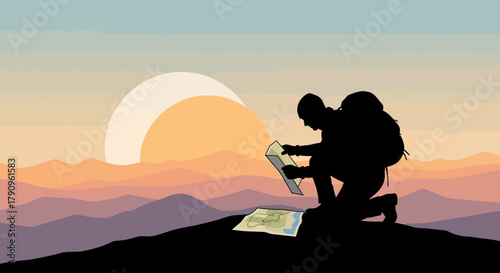 Silhouette Of Hiker Examining Map Against Mountain Landscape With Colorful Sunset
