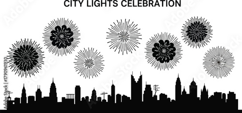 City skyline silhouette with fireworks display, celebrating a city lights celebration, vector illustration