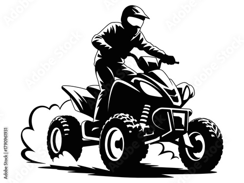 A person rides an all-terrain vehicle, kicking up dust and smoke.