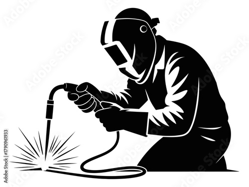 A welder in protective gear works on a project, creating bright sparks.