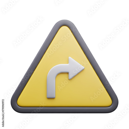 Yellow triangular road sign indicating a right turn, isolated on transparent background