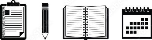 Office silhouettes with clipboard, pencil, open book, and calendar for business and organization