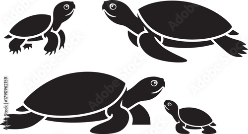 Sea turtle vector illustration set depicting various marine life animals swimming silhouettes icons design
