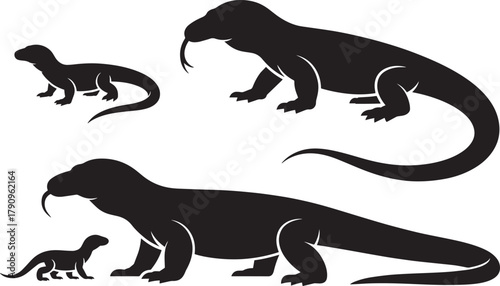 Reptile vector illustration set showing different sizes of komodo dragons monitor lizards silhouettes