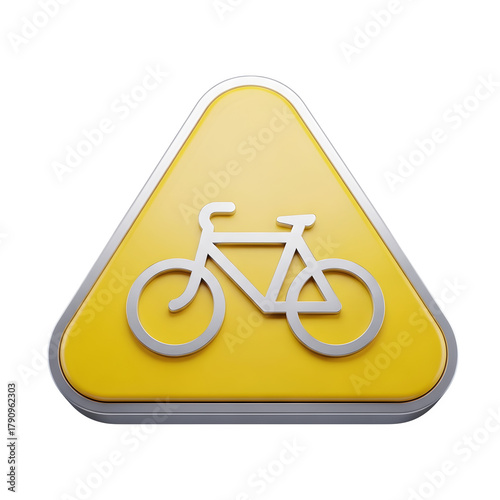 Yellow triangular warning sign with bicycle symbol isolated on transparent background