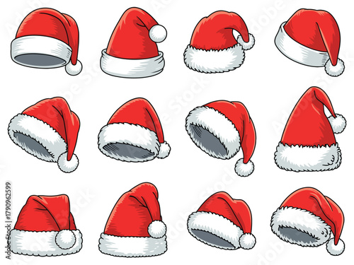 A collection of Santa Claus hats in various orientations and styles.