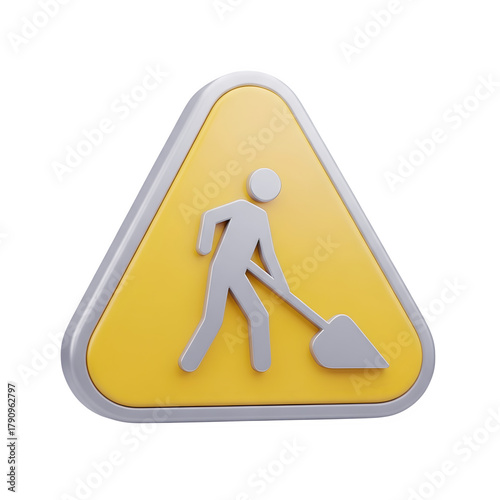 Yellow warning sign with a person digging, isolated on transparent background