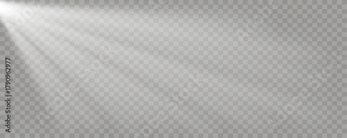 Light, sunlight rays from top left corner, realistic lighting,, glowing sunrays, concert spotlight isolated on transparent background. Editable vector illustration.