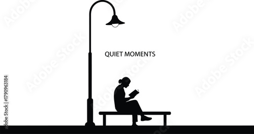 Quiet moments, a silhouette of a person reading under a street light, capturing peaceful contemplation