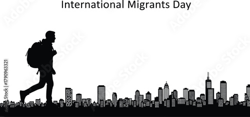 Silhouette of a migrant walking in front of a city skyline, International Migrants Day concept