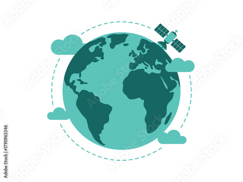 A satellite orbits the planet Earth, connected by dashed lines and clouds.