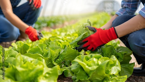 Harvesting Fresh Lettuce in a Greenhouse with Protective Gloves On