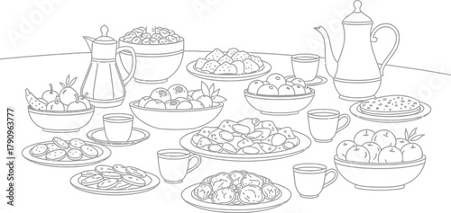 A detailed line drawing of a table laden with various dishes and serving ware