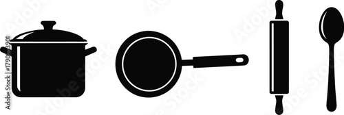 Kitchen silhouettes with pot, pan, rolling pin, and spoon for cooking