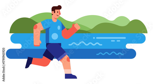 Runner Near Body Of Water In Motion Against a Green Landscape, Illustration