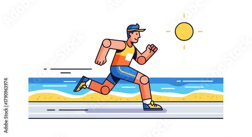 Runner Running Near The Beach With The Sun, Active Outdoor Lifestyle Illustration