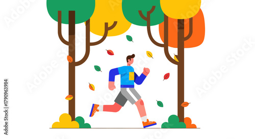 Runner Sprinting Through Autumnal Forest With Abstract Trees and Floating Foliage