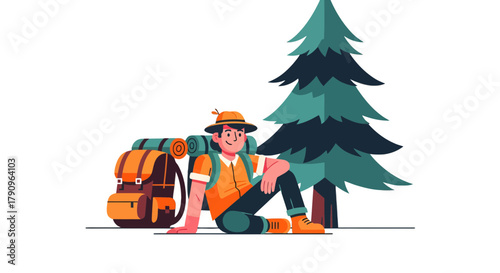 Resting Adventurer Next To a Tree After Hiking with Backpack, Vector Illustration Design