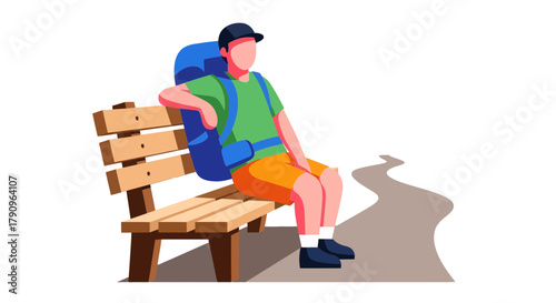 Resting Adventurer On Wooden Bench Contemplating His Trip Journey Ahead, Black Background