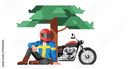 Resting Biker Beneath Tree Next To His Motorcycle, Illustration With Color Palette