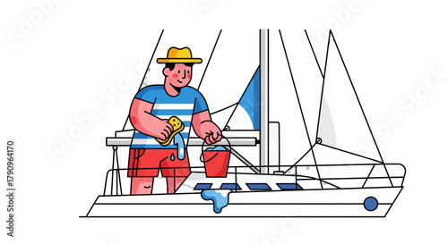 Sailboat Maintenance: Cartoon Illustration Of a Person Cleaning a Boat With a Sponge