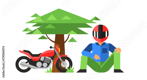 Resting Biker Beside His Motorcycle, Shielded By The Cool Summer Tree Shade