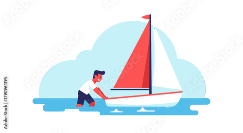 Sailboat Voyage With A Cheerful Person, Enjoying Peaceful Aquatic Excursion