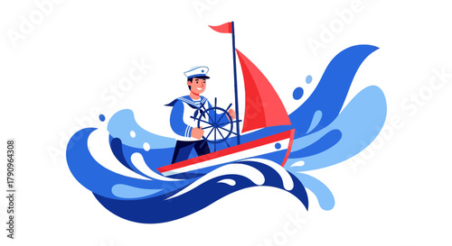 Sailor Navigating His Sailboat Through the Waves, An Illustrative Artistic Seascape