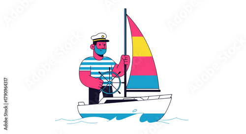 Sailor Navigating Colorful Sailboat Across Ocean Waters Under Clear Dark Sky Illustration