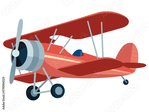A red biplane is depicted on a white background, ready for flight.