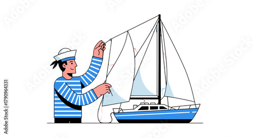 Sailor Navigating His Sailboat, Preparing for Adventure on Open Sea with Black Background