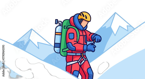 Scaling Mountain Peaks: An Adventurer's Ascent Amidst Snowy Terrain Illustration