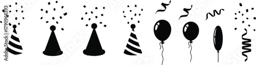Celebration silhouettes of party hats, balloons, and confetti for festive occasions and designs