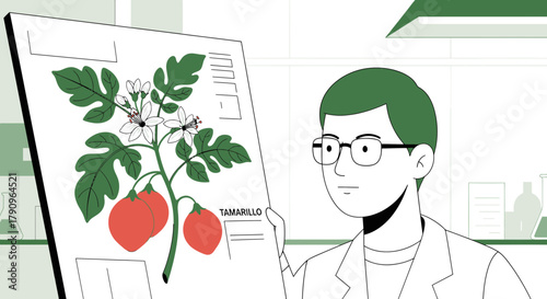 Scientist Studying Tamarillo Plant Displaying Research Findings in Laboratory Setting