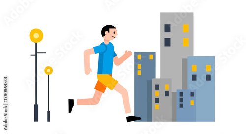 Runner At Dusk Animated Through The City Near Lit Street Lamps Exercise