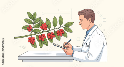Scientist Observing Berries on a Branch, Taking Notes About the Botanical Specimen