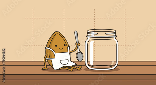 Seed Character Sitting Next to Glass Jar, Holding Spoon, Ready to Prepare Food or Snack