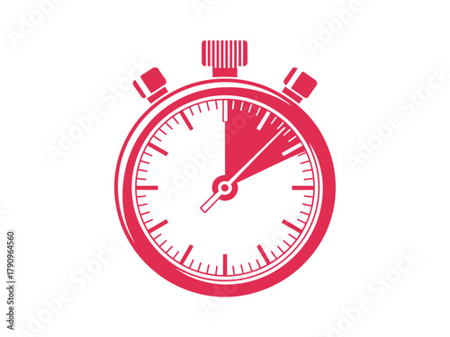 A crimson stopwatch indicates the passage of time on a white background.