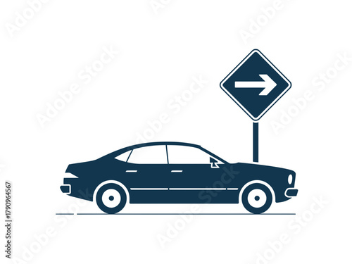 A dark blue sedan drives past a directional sign indicating a right turn.