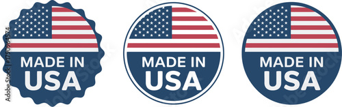 Set of Three Made in USA Product Label Seals with Waving American Flag Graphic for Manufacturing, Retail, and Promoting National Commerce