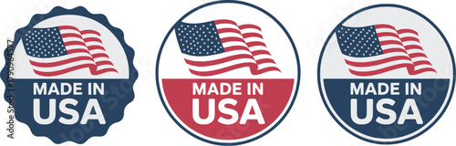 Set of Three Made in USA Product Label Seals with Waving American Flag Graphic for Manufacturing, Retail, and Promoting National Commerce