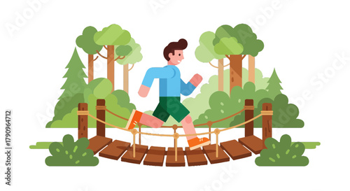 Runner Crossing Suspension Bridge Through The Forest In The Early Everning