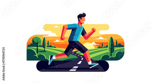 Runner Enjoying The Outdoor Scene While Training On The Road With A Colorful Background