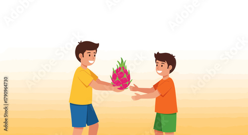 Sharing A Vibrant Dragon Fruit, Illustrating Concepts Of Giving And Freshness