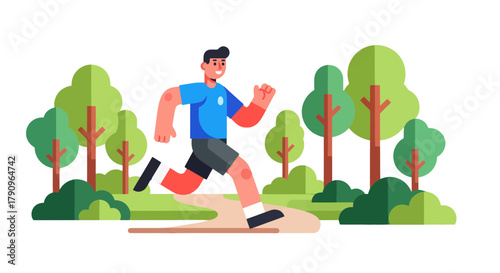 Runner Enjoying The Peaceful Nature With Trees And Bushes On A Clear Sunny Day