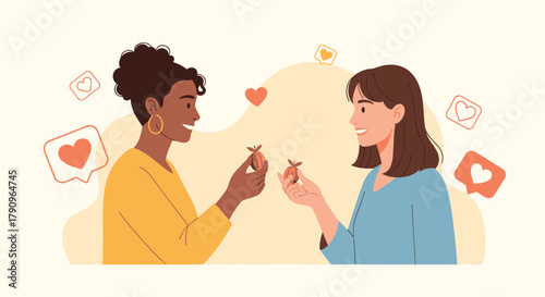 Sharing Delight: Two Women Exchanging Gifts and Expressing Mutual Appreciation